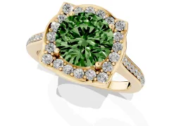Fancy Green Round Cut Diamond Halo Ring Set in Yellow gold with Pavé-Lined Shoulders and Prong Setting