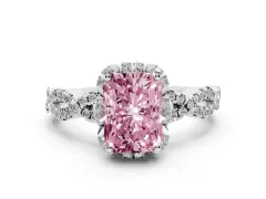 Fancy Pink Radiant Cut Diamond Halo Twist Band Solitaire Ring Set in White gold with Prong-Set Center Stone