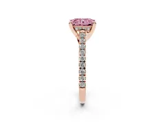 Fancy Pink Radiant Cut Diamond Solitaire Ring Set in Rose gold with Brilliant Pavé Band and Prong Setting