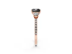 Fancy Black Cushion Cut Diamond Three-Stone Ring Set in Rose gold with Pavé Band and Graduated Sides