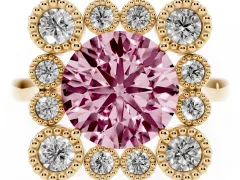 Fancy Pink Round Cut Diamond Cluster Halo Ring Set in Yellow gold with Milgrain Bezel Accents and Plain Band