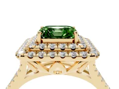 Fancy Green Asscher Cut Diamond Double Halo Ring Set in Yellow gold with Pavé Split Shank and Prong Setting