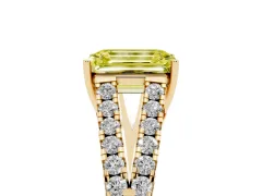 Fancy Yellow Emerald Cut Diamond Split Shank Pavé Engagement Ring Set in Yellow gold with Prong-Held Center Stone