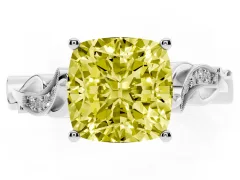 Fancy Yellow Cushion Cut Diamond Vine Band Solitaire Ring Set in Platinum with Milgrain Prong Setting