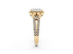 Asscher Cut Diamond Floral Halo Split Shank Engagement Ring Set in Yellow gold with Pavé Shank