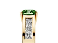 Fancy Green Cushion Cut Diamond Solitaire Ring Set in Yellow gold with Channel-Set Accent Stones and Prong Setting