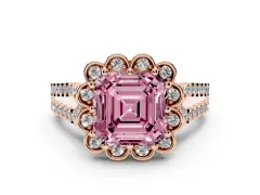 Fancy Pink Asscher Cut Diamond Floral Halo Split Shank Engagement Ring Set in Rose gold with Pavé Shank