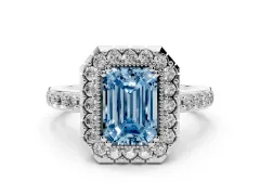 Fancy Blue Emerald Cut Diamond Halo Ring Set in White gold with Pavé Shank and Prong Setting