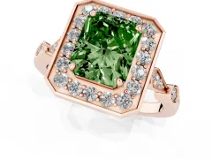 Fancy Green Radiant Cut Diamond Halo Engagement Ring Set in Rose gold with Twisted Band and Prong Setting