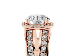 Round Cut Diamond Halo Ring Set in Rose gold with Double Pavé Split Shank