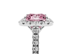 Fancy Pink Princess Cut Diamond Pavé Halo Engagement Ring Set in White gold with Pavé Band and Prong Setting