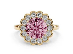 Fancy Pink Round Cut Diamond Halo Cluster Engagement Ring Set in Yellow gold with Solitaire Band and Prong Setting