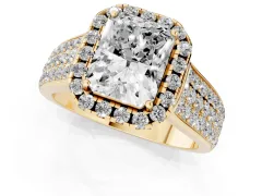 Radiant Cut Diamond Halo Ring Set in Yellow gold with Pavé Band and Raised Center Setting