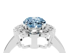 Fancy Blue Oval Cut Diamond Halo Cluster Engagement Ring Set in Silver with Solitaire Band and Prong Setting