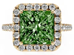 Fancy Green Princess Cut Diamond Pavé Halo Engagement Ring Set in Yellow gold with Pavé Band and Prong Setting