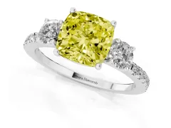 Fancy Yellow Cushion Cut Diamond Three-Stone Ring Set in Platinum with Pavé Band and Graduated Sides