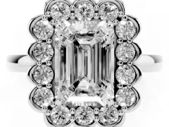 Emerald Cut Diamond Halo Cluster Engagement Ring Set in White gold with Solitaire Band and Prong Setting