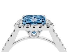 Fancy Blue Princess Cut Diamond Pavé Halo Engagement Ring Set in Platinum with Pavé Band and Prong Setting
