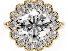 Round Cut Diamond Halo Cluster Engagement Ring Set in Yellow gold with Solitaire Band and Prong Setting