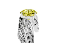 Fancy Yellow Round Cut Diamond Solitaire Ring Set in Platinum with Layered Twist Pavé Band