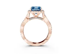 Fancy Blue Asscher Cut Diamond Halo Twist Band Solitaire Ring Set in Rose gold with Prong Setting