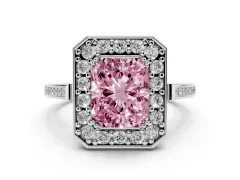 Fancy Pink Radiant Cut Diamond Halo Ring Set in Platinum with Accent-Lined Split Shank and Prong Setting