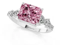 Fancy Pink Radiant Cut Diamond Ring Set in Platinum with Scattered Round Accents