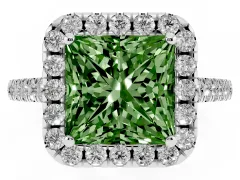 Fancy Green Princess Cut Diamond Halo Pavé Engagement Ring Set in White gold with Prong Setting