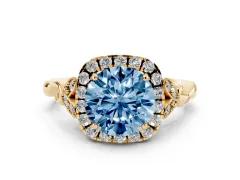 Fancy Blue Round Cut Diamond Halo Engagement Ring Set in Yellow gold with Vintage-Inspired Band and Prong Setting