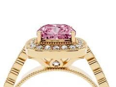 Fancy Pink Cushion Cut Diamond Milgrain Halo Solitaire Ring Set in Yellow gold with Bezel Set Side Stones and Pavé Band