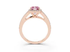 Fancy Pink Cushion Cut Diamond Halo Split Shank Pavé Ring Set in Rose gold with Prong Setting
