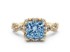 Fancy Blue Princess Cut Diamond Halo Twist Band Solitaire Ring Set in Yellow gold with Prong-Set Center Stone
