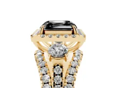 Fancy Black Asscher Cut Diamond Halo Split Shank Ring Set in Yellow gold with Round Accent Stones and Prong Setting