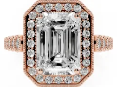 Emerald Cut Diamond Milgrain Halo Solitaire Ring Set in Rose gold with Bezel Set Side Stones and Pavé Band