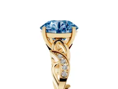 Fancy Blue Round Cut Diamond Vine Band Solitaire Ring Set in Yellow gold with Milgrain Prong Setting