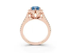 Fancy Blue Radiant Cut Diamond Floral Halo Split Shank Engagement Ring Set in Rose gold with Pavé Shank