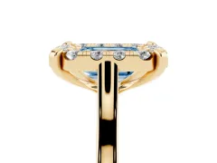 Fancy Blue Emerald Cut Diamond Cluster Halo Solitaire Ring Set in Yellow gold with Prong Setting
