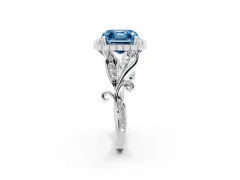 Fancy Blue Asscher Cut Diamond Halo Ring Set in Silver with Leaf Motif Split Shank and Prong Setting
