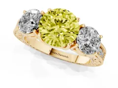 Fancy Yellow Round Cut Diamond Three-Stone Engagement Ring Set in Yellow gold with Milgrain Pavé Band