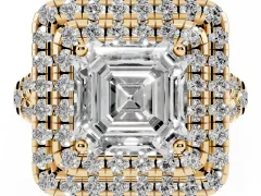 Asscher Cut Diamond Double Halo Ring Set in Yellow gold with Pavé Split Shank and Prong Setting