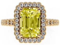 Fancy Yellow Radiant Cut Diamond Halo Ring Set in Yellow gold with Pavé Milgrain Band