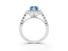 Fancy Blue Cushion Cut Diamond Milgrain Halo Solitaire Ring Set in White gold with Bezel Set Side Stones and Pavé Band