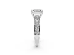 Emerald Cut Diamond Solitaire Ring Set in Silver with Multi-Row Round Pavé Band and Prong Setting