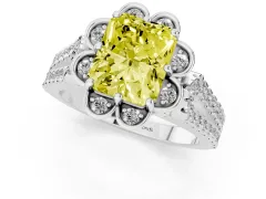 Fancy Yellow Radiant Cut Diamond Floral Halo Split Shank Engagement Ring Set in Platinum with Pavé Shank