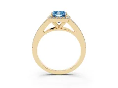 Fancy Blue Cushion Cut Diamond Halo Split Shank Pavé Ring Set in Yellow gold with Prong Setting