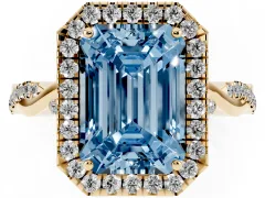 Fancy Blue Emerald Cut Diamond Halo Twist Band Solitaire Ring Set in Yellow gold with Prong Setting