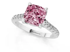 Fancy Pink Cushion Cut Diamond Solitaire Ring Set in White gold with Brilliant Pavé Band and Prong Setting