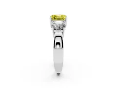 Fancy Yellow Asscher Cut Diamond Three-Stone Ring Set in Silver with Round Side Stones and Classic Band