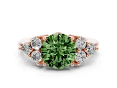 Fancy Green Round Cut Diamond Solitaire Ring Set in Rose gold with Cluster Accents on Each Side