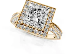 Princess Cut Diamond Halo Engagement Ring Set in Yellow gold with Accent Split Shank Band